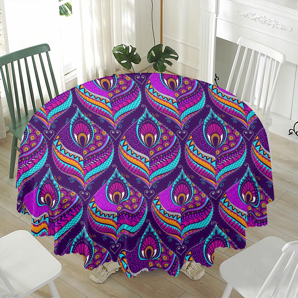 Purple Bohemian Peacock Feather Print Waterproof Round Tablecloth