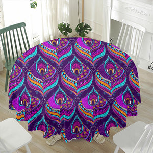 Purple Bohemian Peacock Feather Print Waterproof Round Tablecloth