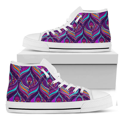 Purple Bohemian Peacock Feather Print White High Top Sneakers
