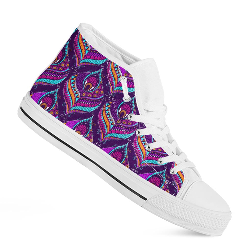 Purple Bohemian Peacock Feather Print White High Top Sneakers