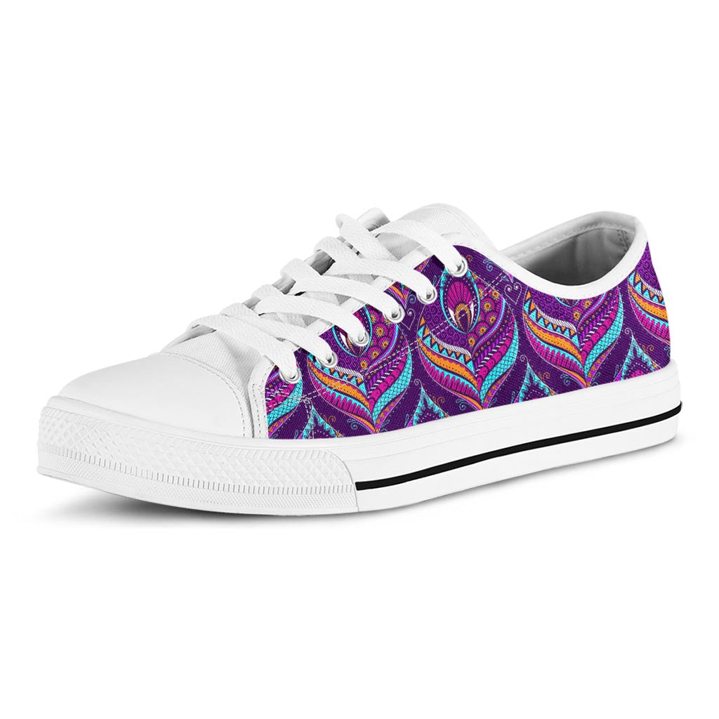 Purple Bohemian Peacock Feather Print White Low Top Sneakers