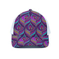 Purple Bohemian Peacock Feather Print White Mesh Trucker Hat