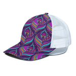 Purple Bohemian Peacock Feather Print White Mesh Trucker Cap