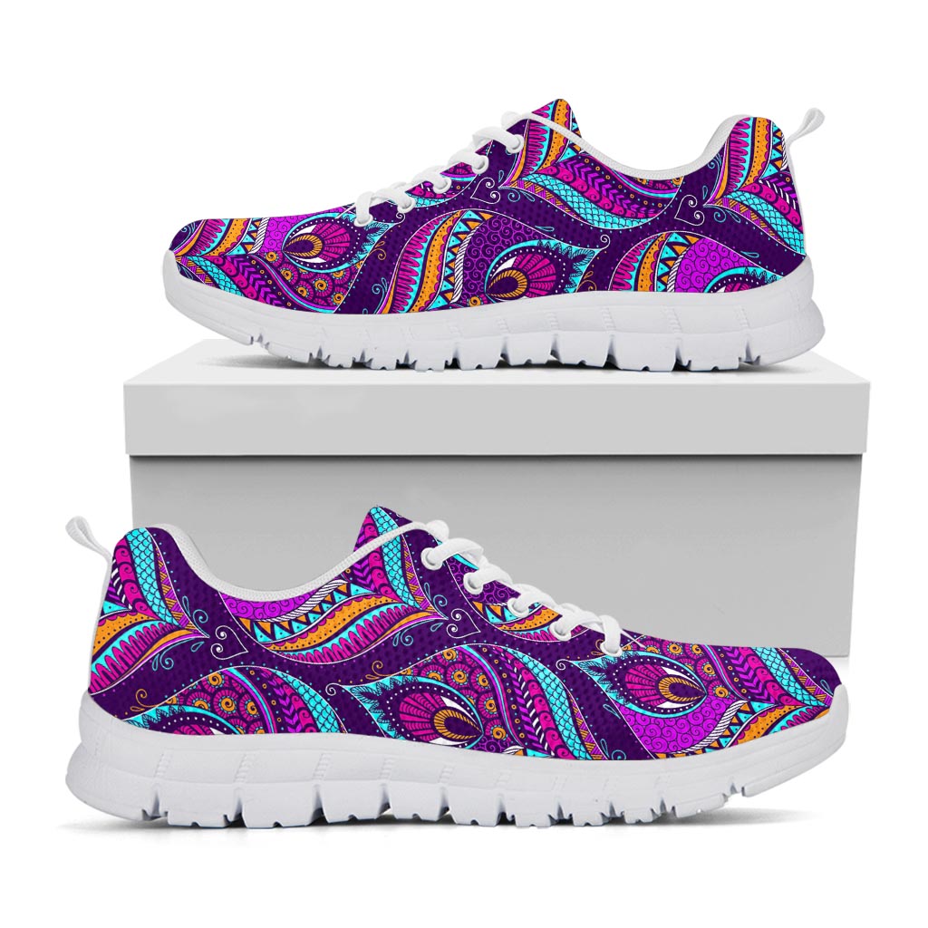Purple Bohemian Peacock Feather Print White Running Shoes