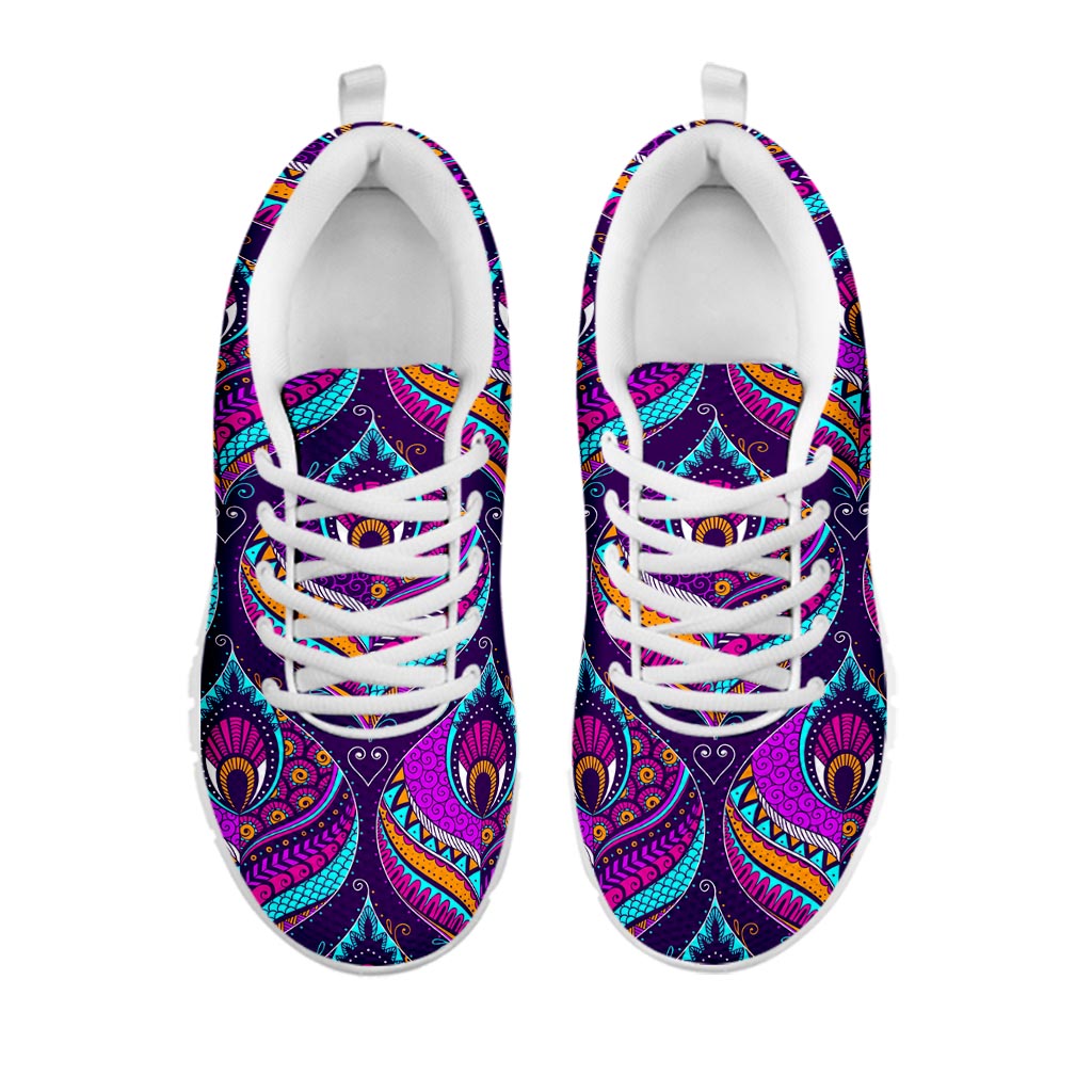 Purple Bohemian Peacock Feather Print White Running Shoes