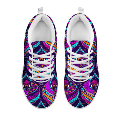 Purple Bohemian Peacock Feather Print White Running Shoes
