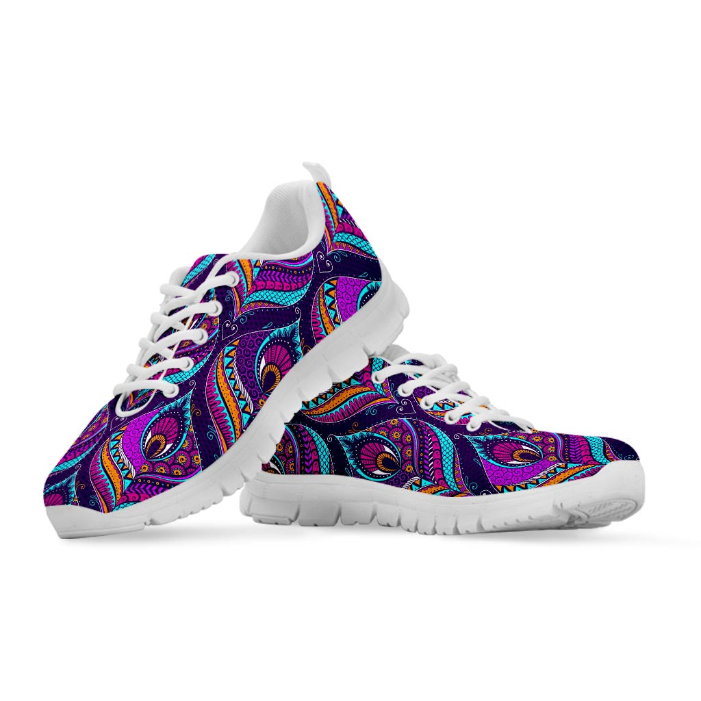 Purple Bohemian Peacock Feather Print White Running Shoes