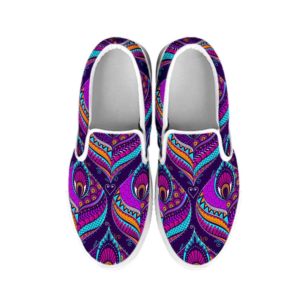 Purple Bohemian Peacock Feather Print White Slip On Sneakers