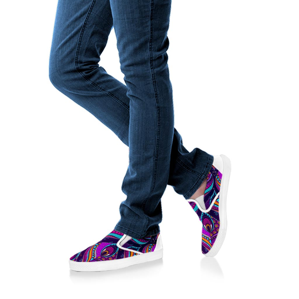 Purple Bohemian Peacock Feather Print White Slip On Sneakers