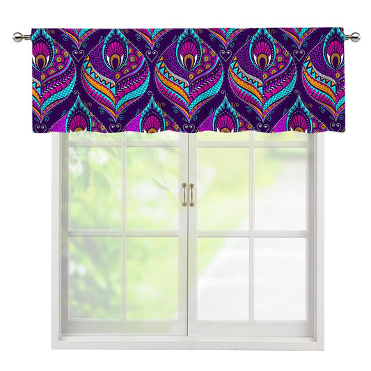 Purple Bohemian Peacock Feather Print Window Valance