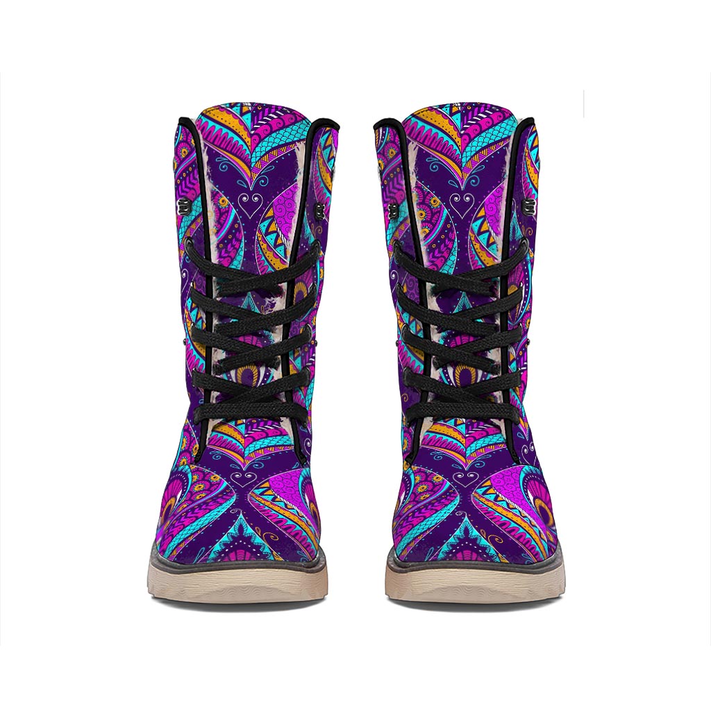 Purple Bohemian Peacock Feather Print Winter Boots