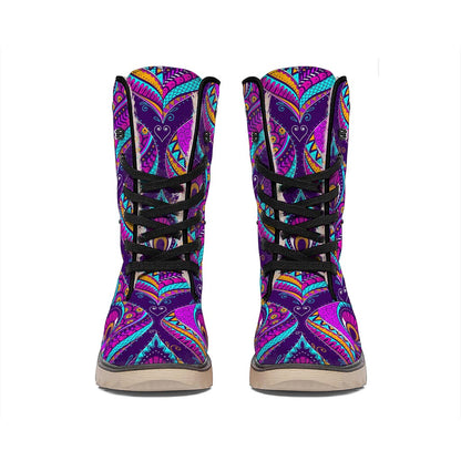 Purple Bohemian Peacock Feather Print Winter Boots