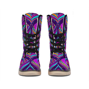 Purple Bohemian Peacock Feather Print Winter Boots