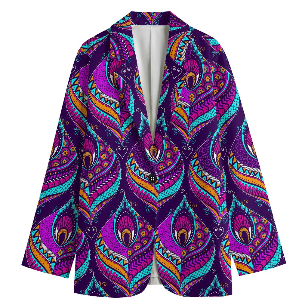 Purple Bohemian Peacock Feather Print Women's Blazer