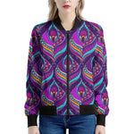 Purple Bohemian Peacock Feather Print Women's Bomber Jacket