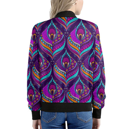 Purple Bohemian Peacock Feather Print Women's Bomber Jacket