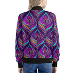 Purple Bohemian Peacock Feather Print Women's Bomber Jacket