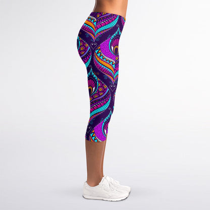 Purple Bohemian Peacock Feather Print Women's Capri Leggings