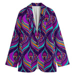 Purple Bohemian Peacock Feather Print Women's Cotton Blazer