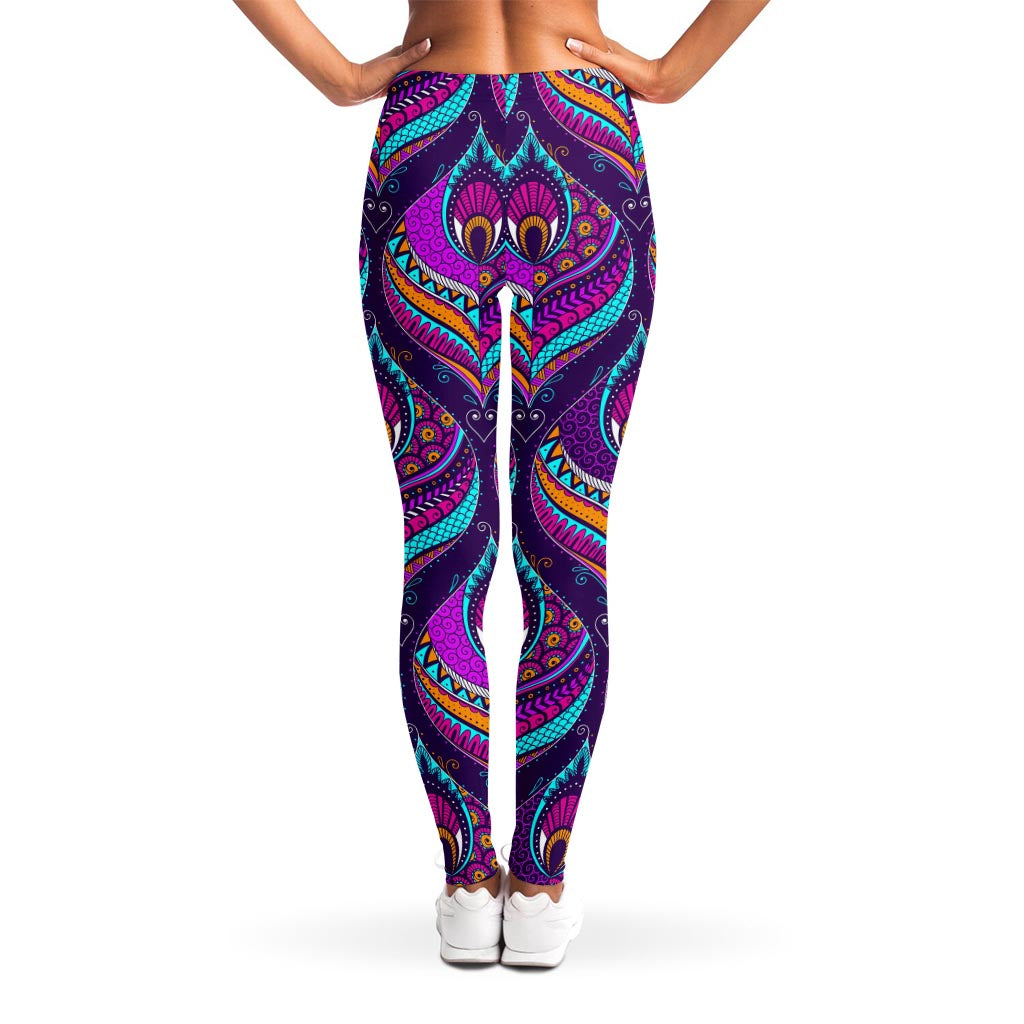 Purple Bohemian Peacock Feather Print Women's Leggings
