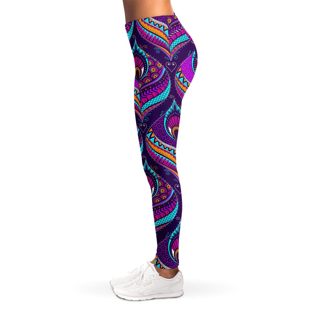 Purple Bohemian Peacock Feather Print Women's Leggings