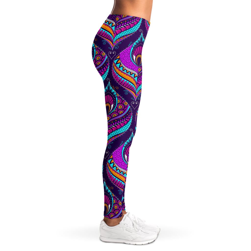 Purple Bohemian Peacock Feather Print Women's Leggings