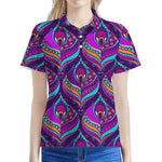 Purple Bohemian Peacock Feather Print Women's Polo Shirt