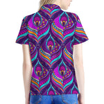 Purple Bohemian Peacock Feather Print Women's Polo Shirt