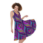 Purple Bohemian Peacock Feather Print Women's Sleeveless Dress