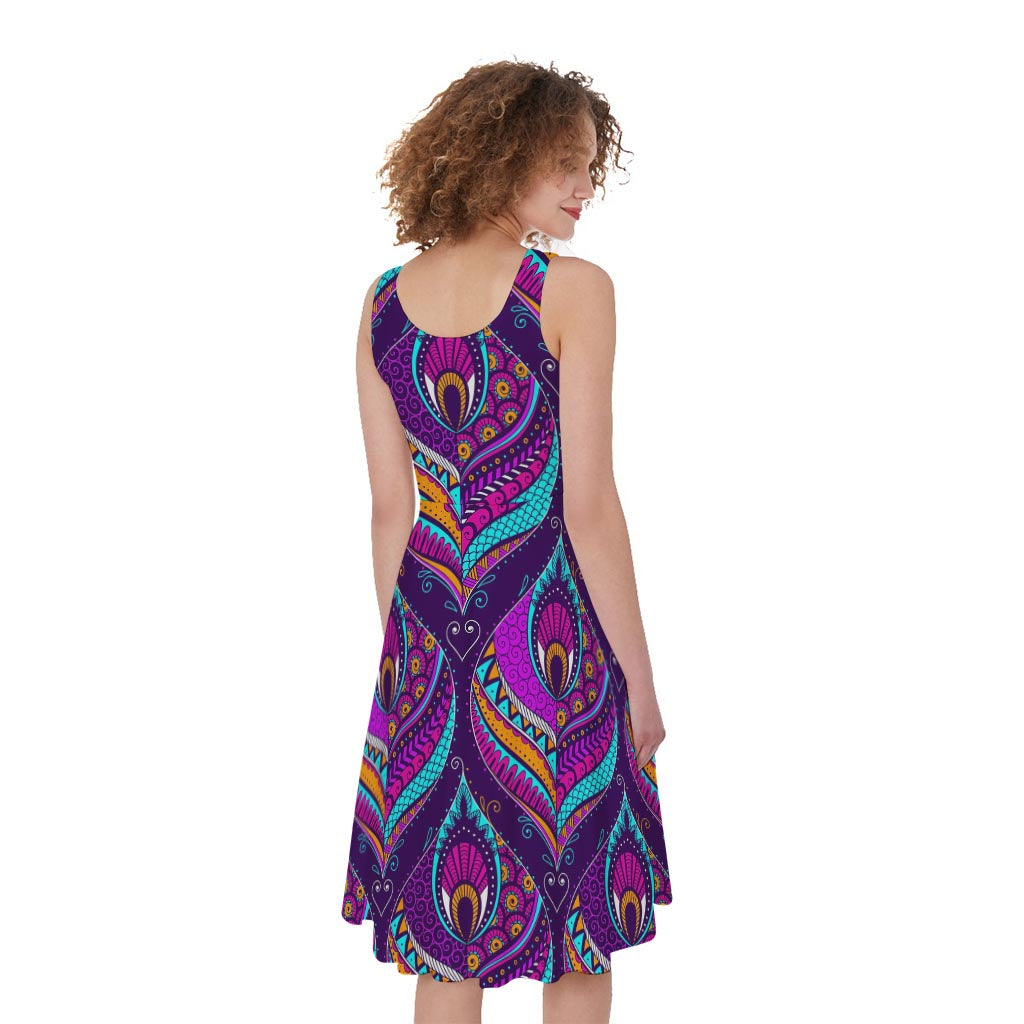 Purple Bohemian Peacock Feather Print Sleeveless Knee Length Dress Purple Bohemian Peacock Feather Print Sleeveless Knee Length Dress