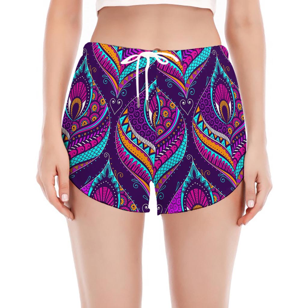 Purple Bohemian Peacock Feather Print Women's Split Running Shorts