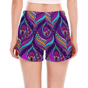 Purple Bohemian Peacock Feather Print Women's Split Running Shorts