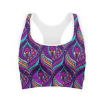 Purple Bohemian Peacock Feather Print Women's Sports Bra