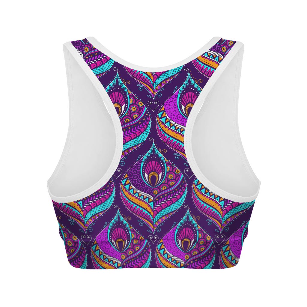 Purple Bohemian Peacock Feather Print Women's Sports Bra