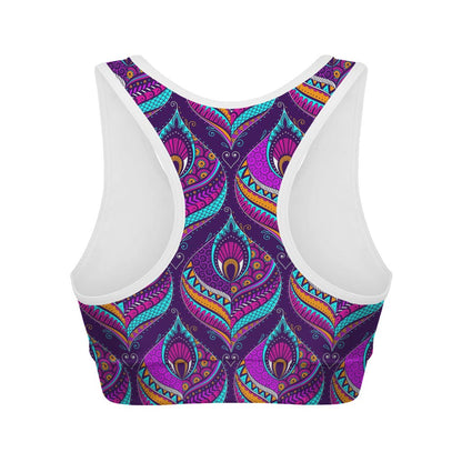 Purple Bohemian Peacock Feather Print Women's Sports Bra