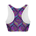 Purple Bohemian Peacock Feather Print Women's Sports Bra