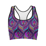 Purple Bohemian Peacock Feather Print Women's Sports Bra