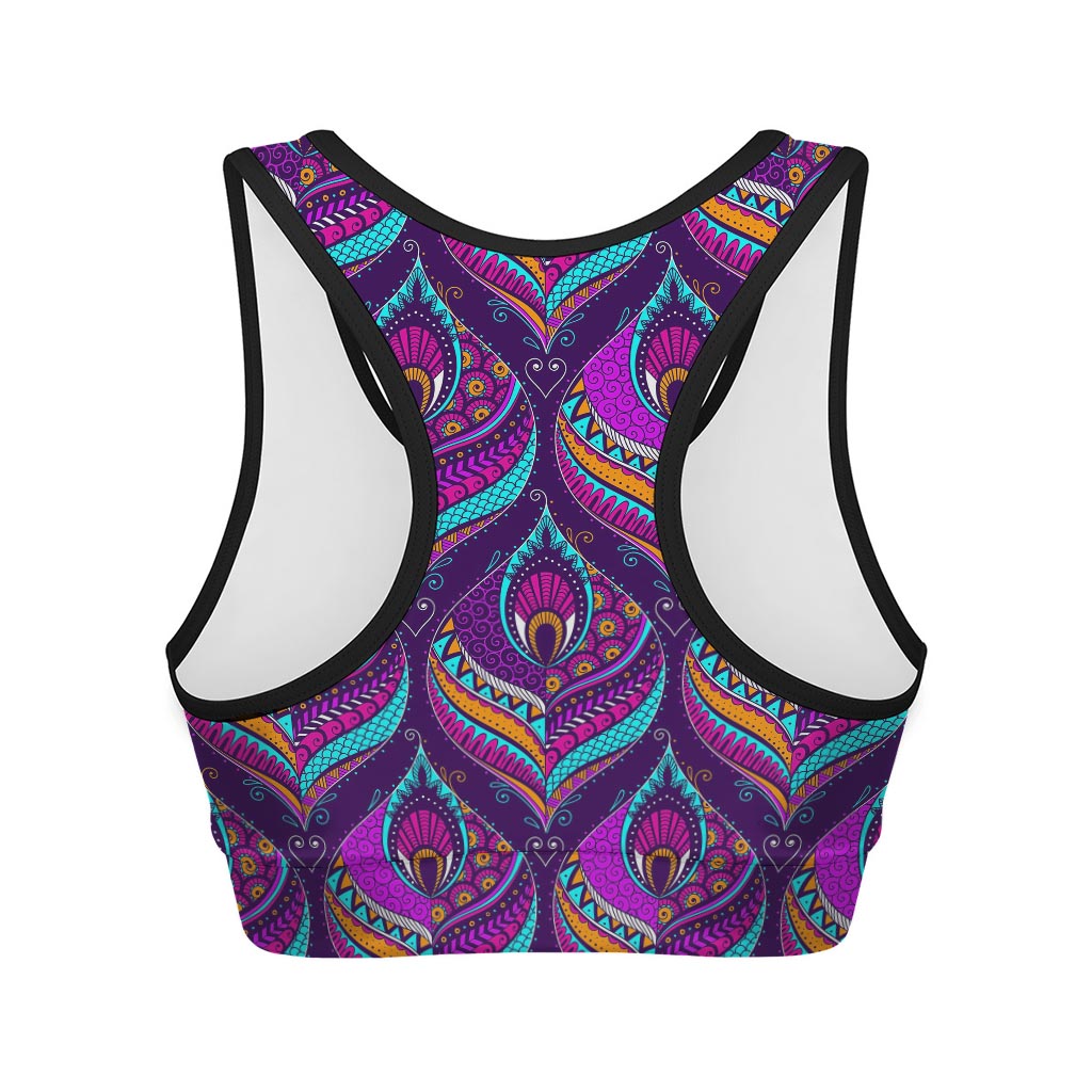 Purple Bohemian Peacock Feather Print Women's Sports Bra