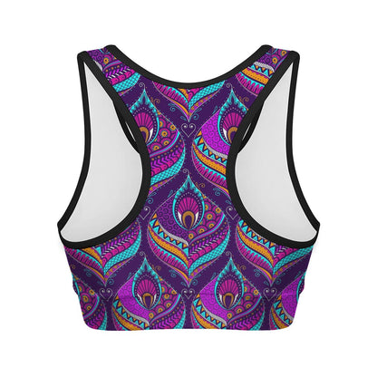 Purple Bohemian Peacock Feather Print Women's Sports Bra