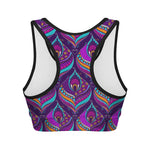 Purple Bohemian Peacock Feather Print Women's Sports Bra