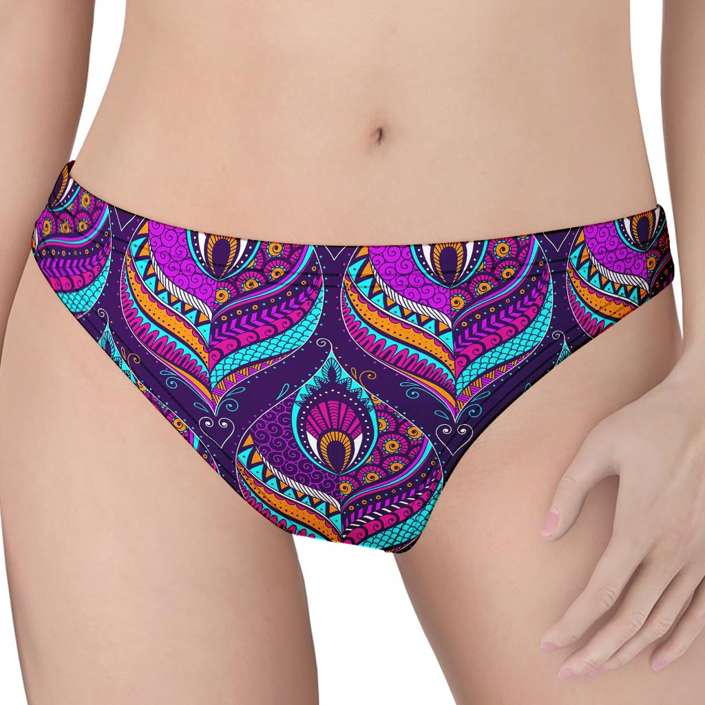 Purple Bohemian Peacock Feather Print Women's Thong