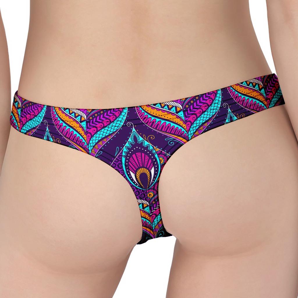 Purple Bohemian Peacock Feather Print Women's Thong