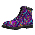 Purple Bohemian Peacock Feather Print Padded Collar Lace Up Boots