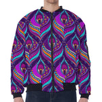Purple Bohemian Peacock Feather Print Zip Sleeve Bomber Jacket