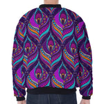 Purple Bohemian Peacock Feather Print Zip Sleeve Bomber Jacket