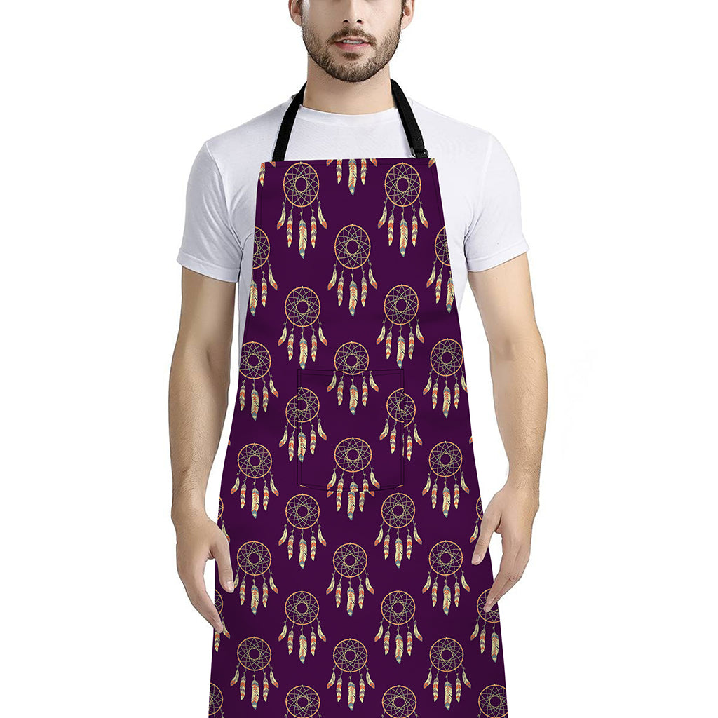 Purple Boho Dream Catcher Pattern Print Bib Apron With Pocket