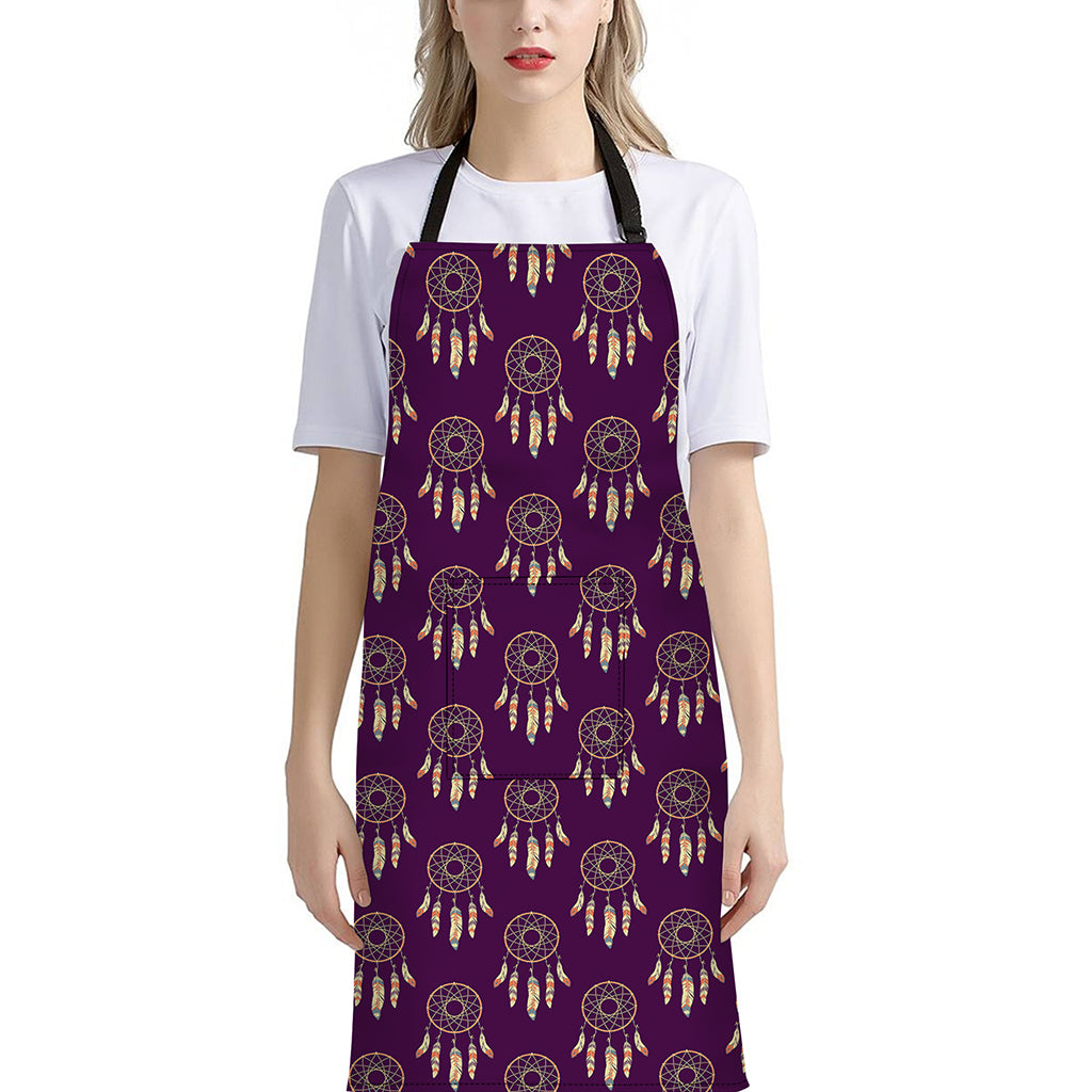 Purple Boho Dream Catcher Pattern Print Bib Apron With Pocket