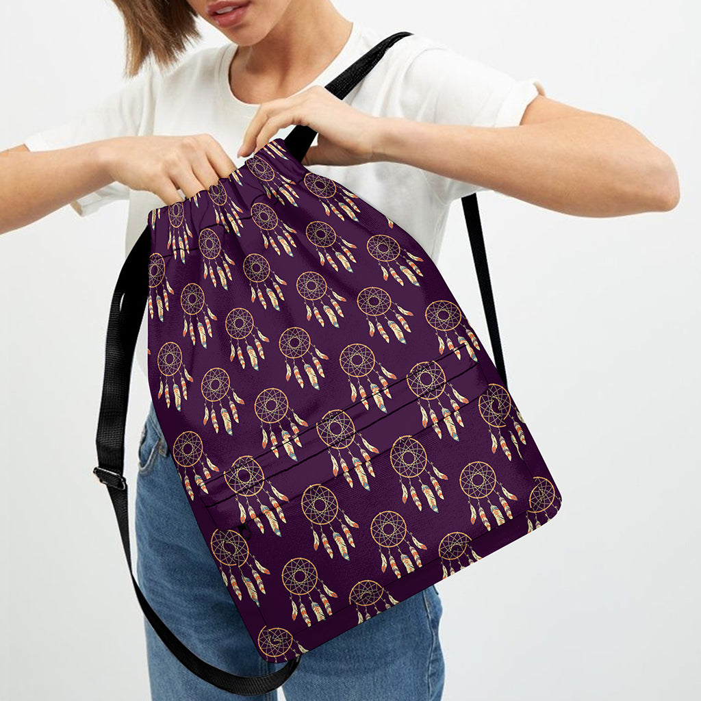Purple Boho Dream Catcher Pattern Print Drawstring Backpack