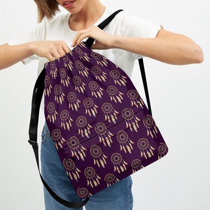 Purple Boho Dream Catcher Pattern Print Drawstring Backpack