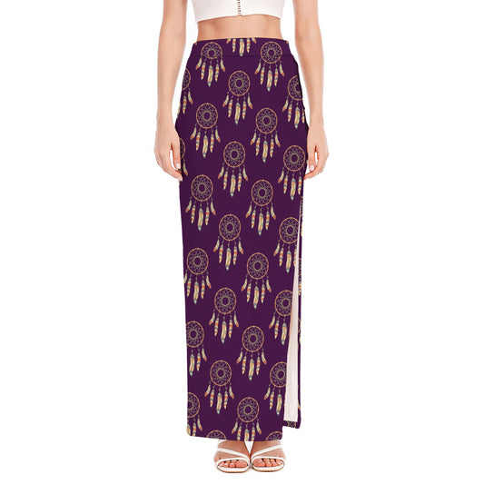 Purple Boho Dream Catcher Pattern Print High Slit Maxi Skirt
